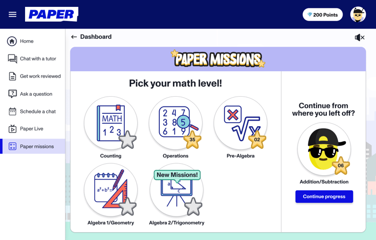 Independent practice in math starts with the Paper Missions math level selection menu, depicted here.
