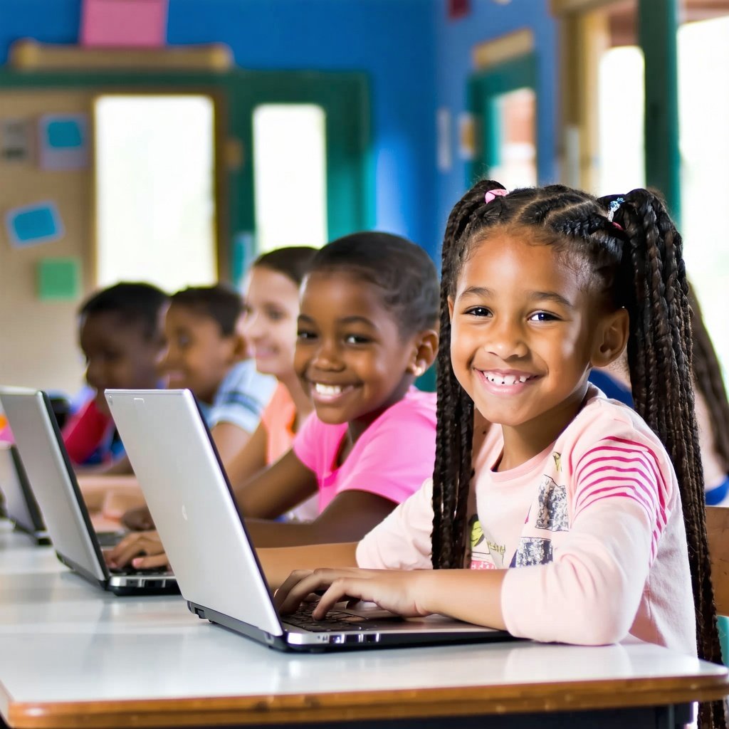 happy 5th grade students in class working at their laptops-1 happy 5th grade students in class working at their laptops-1